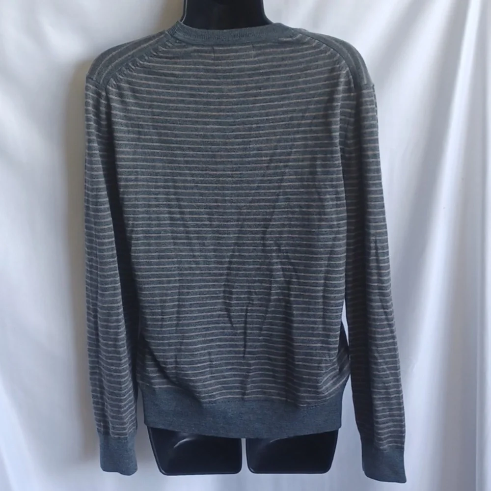 Banana Republic Men 100% Merino Wool Sweater S Gray Stripe V-Neck Lightweight